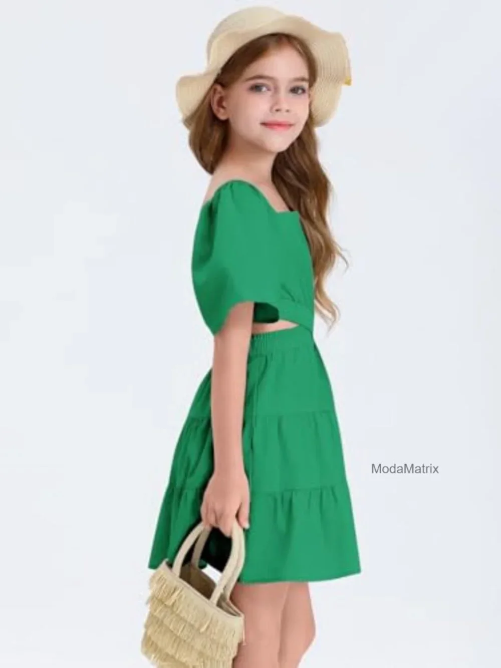 Cotton Square Neck Short Sleeve Crossover Waist A-line Mini Dress for Girls